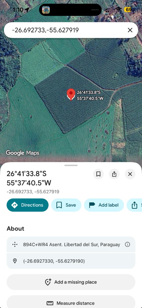 Google Maps pin showing coordinates inside a field